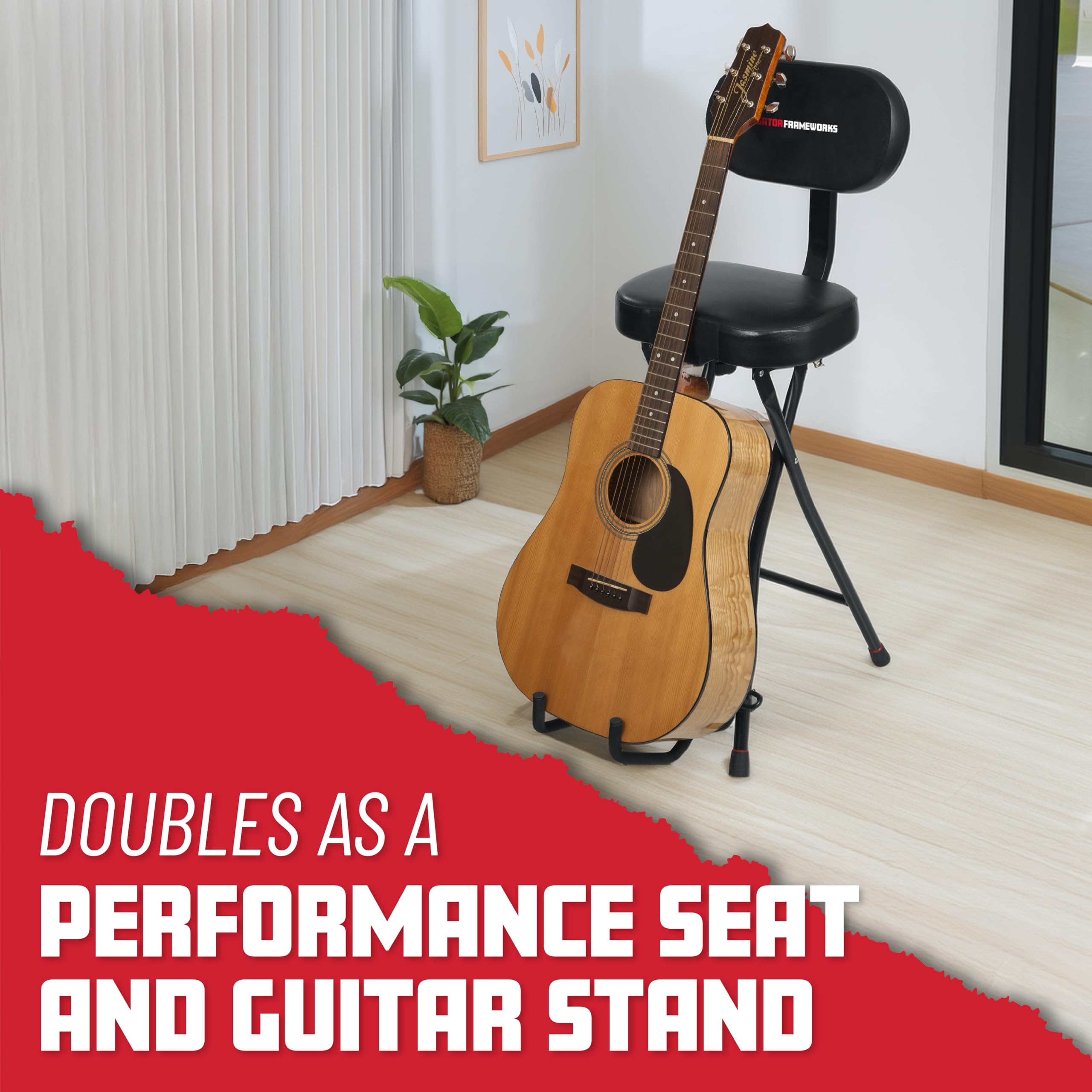 Gator Frameworks Guitar Seat with Padded Cushion, Ergonomic Backrest and Fold Out Guitar Stand; Holds both Acoustic and Electric